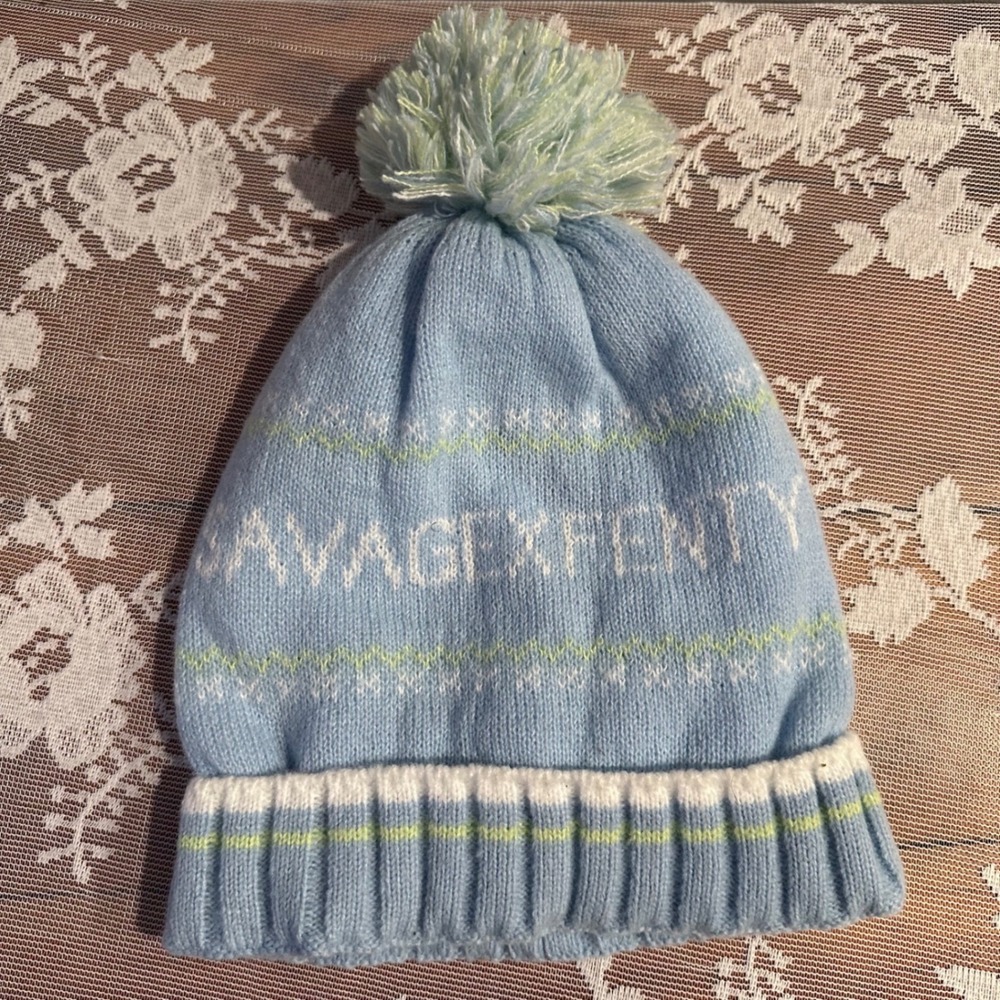 Savage X Fenty Blue Knit Pom Pom Beanie Hat Logo Fair Isle Pastel‎ Winter Cap